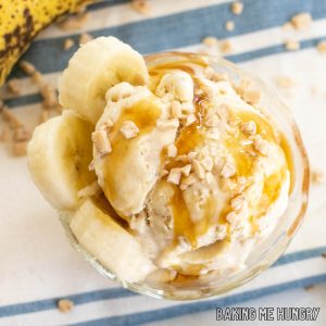 banoffee ice cream recipe from overhead in small dish with caramel sauce, banana slices, and toffee bits