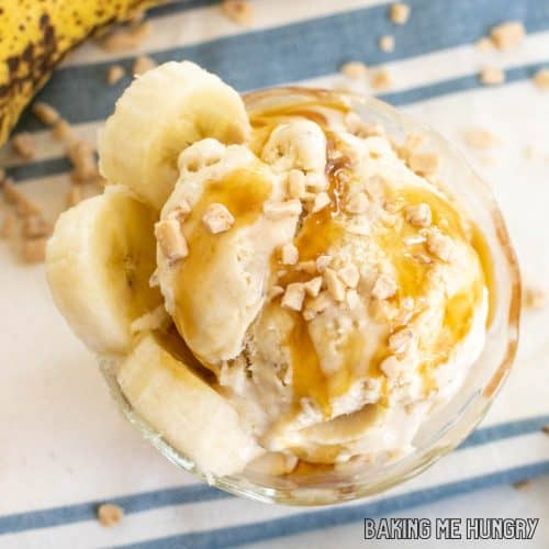banoffee ice cream recipe from overhead in small dish with caramel sauce, banana slices, and toffee bits