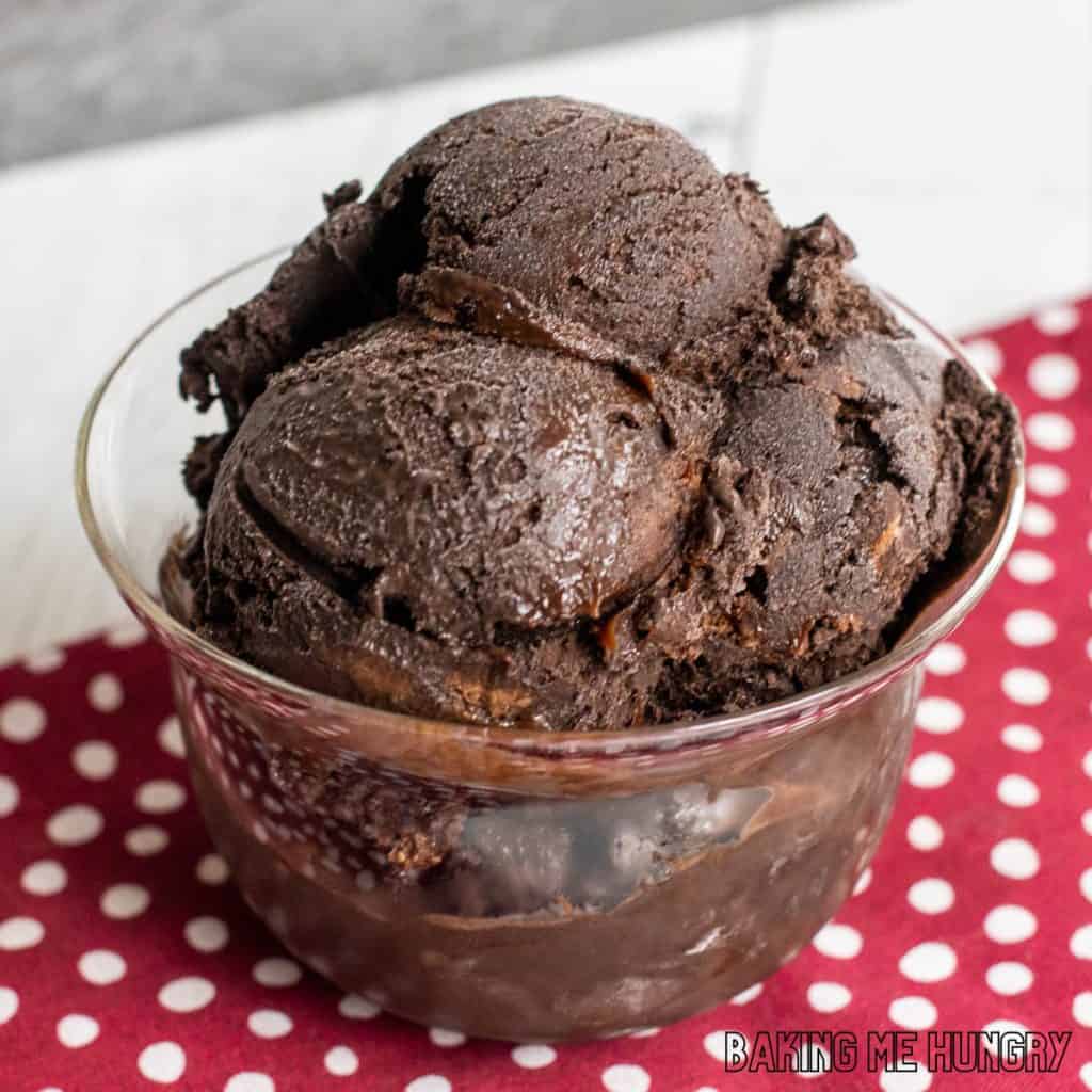 brownie batter ice cream recipe in glass dish