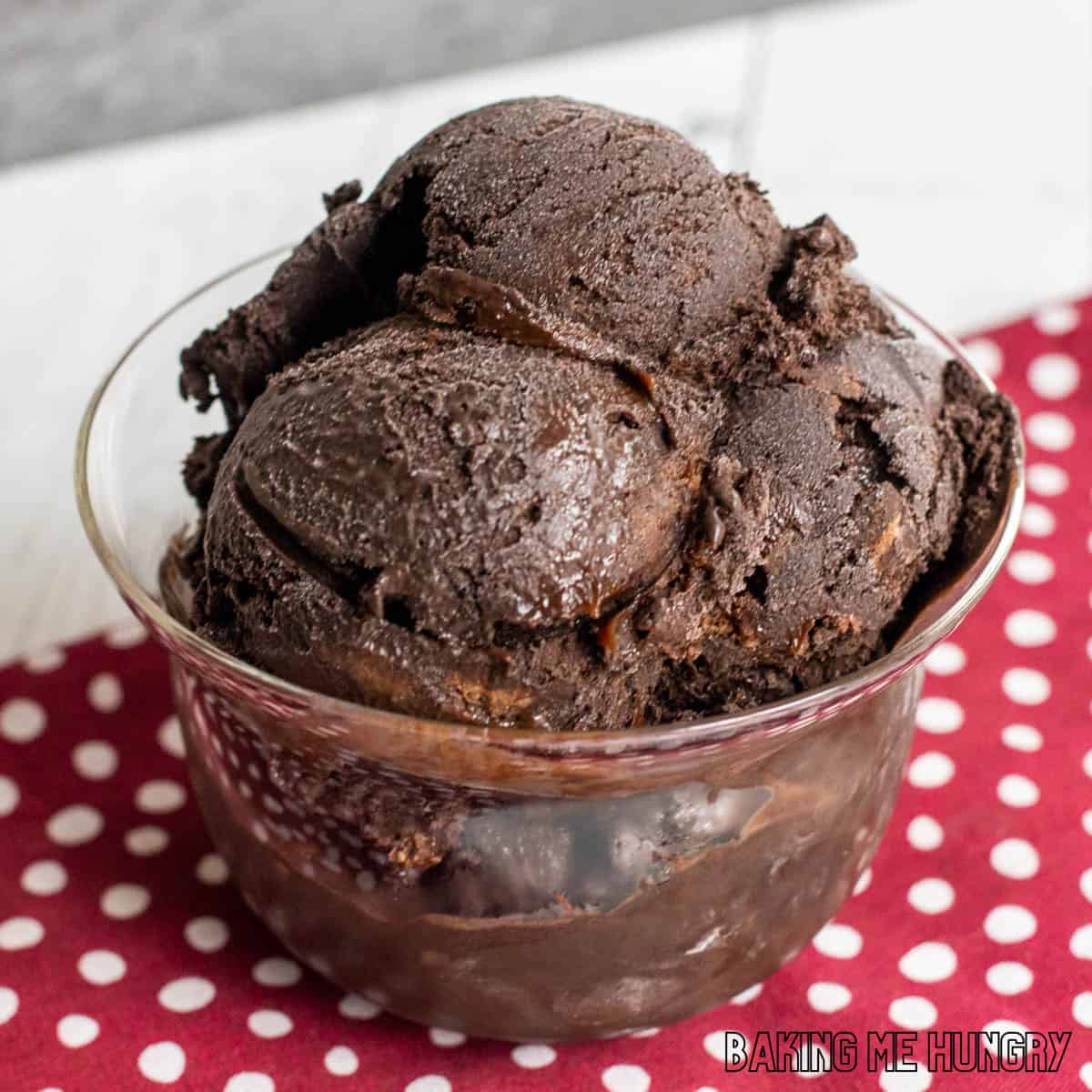 brownie batter ice cream recipe in glass dish