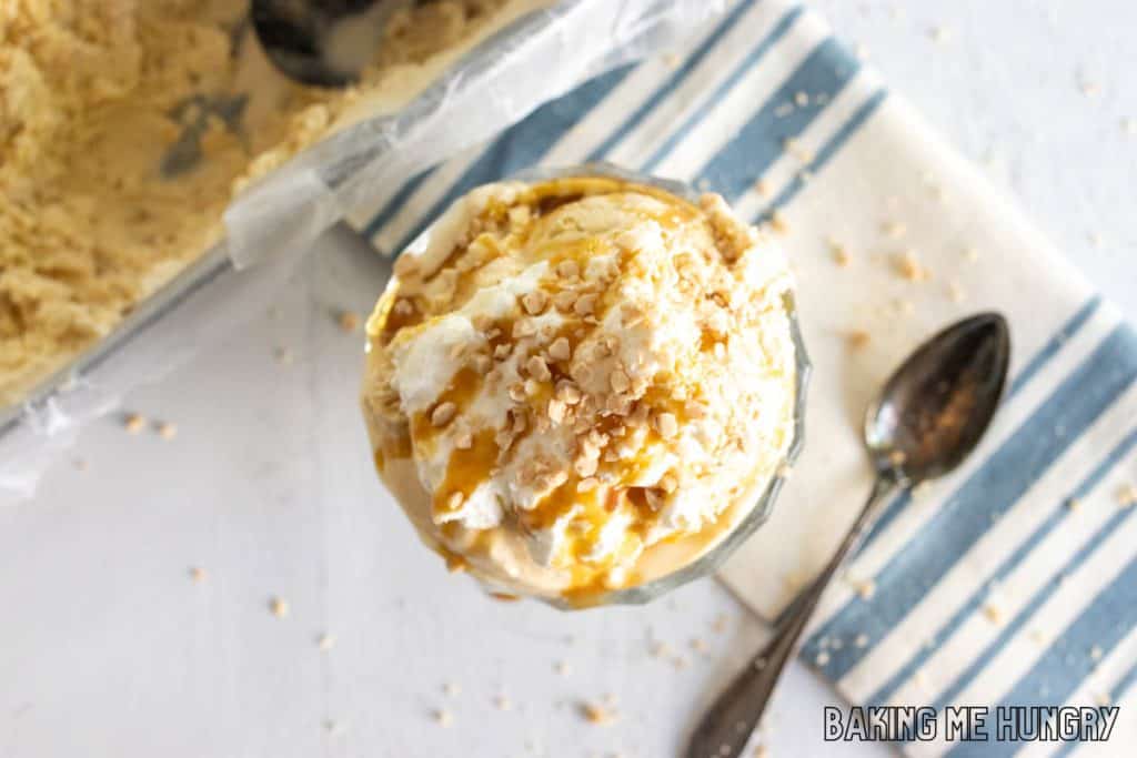 overhead shot of dish of caramel crunch ice cream