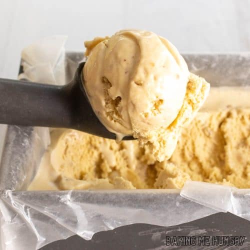 caramel crunch ice cream on an ice cream scoop