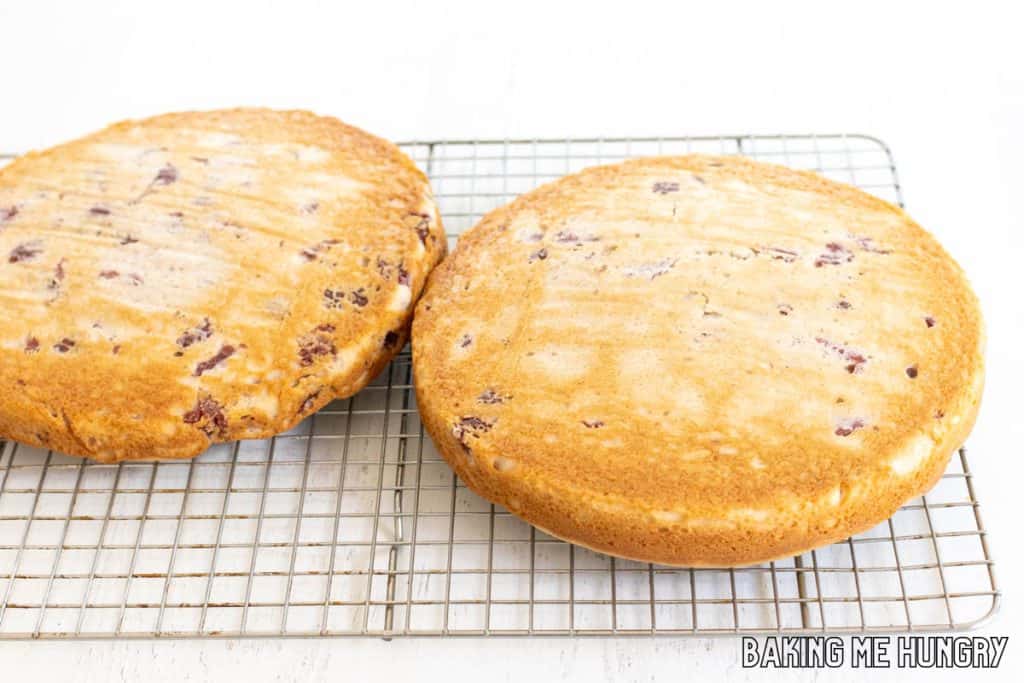 cake rounds cooling on wire rack