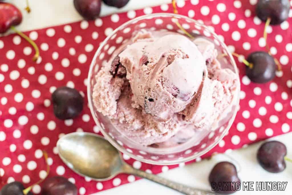 overhead shot of cherry ice cream in bowl
