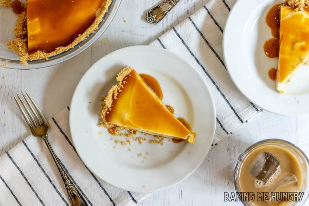 no bake caramel cheesecake slice on plate from overhead