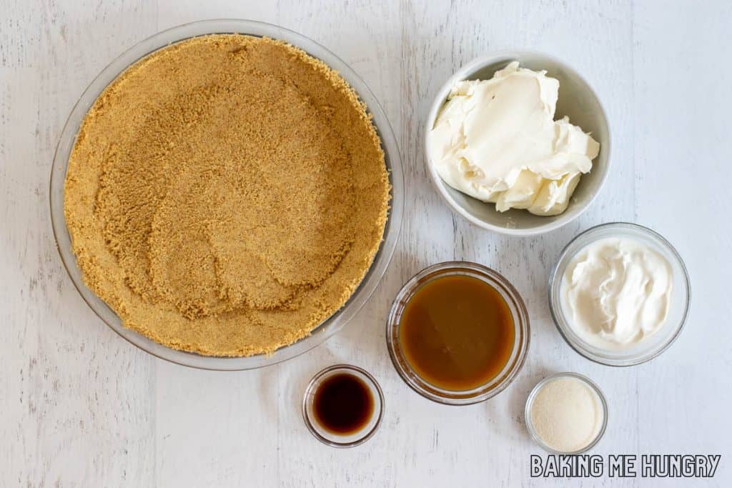 ingredients in bowls and a pie plate
