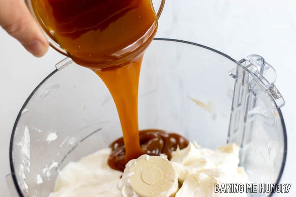 caramel sauce being poured into food processor