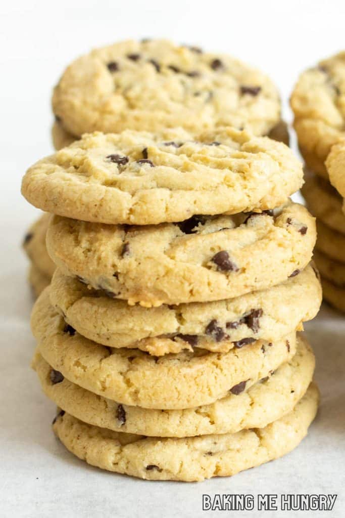 chocolate chip sugar cookies in stacks from side