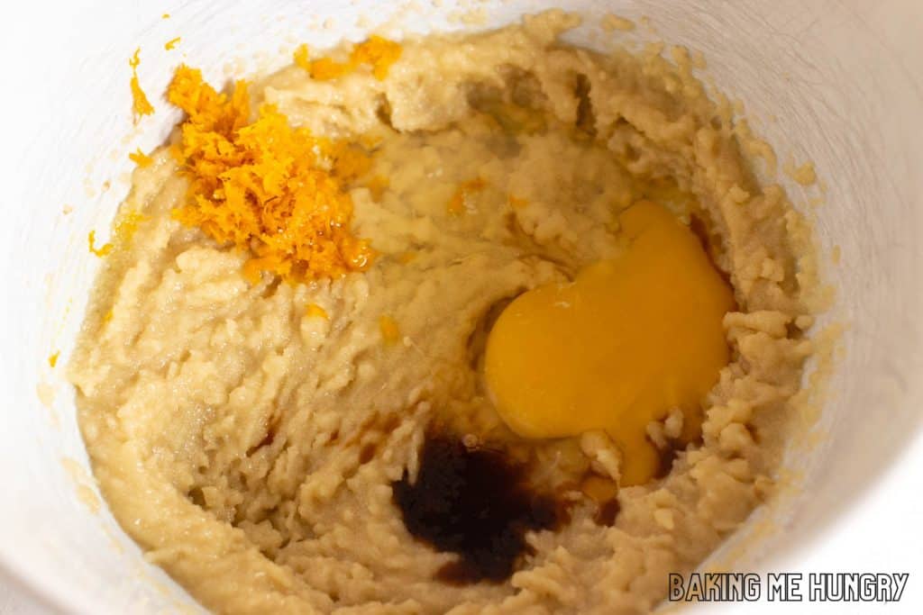 creamed butter and sugar with egg, zest, vanilla on top