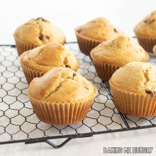 peanut butter chocolate chip muffins cooling on wire rack close up