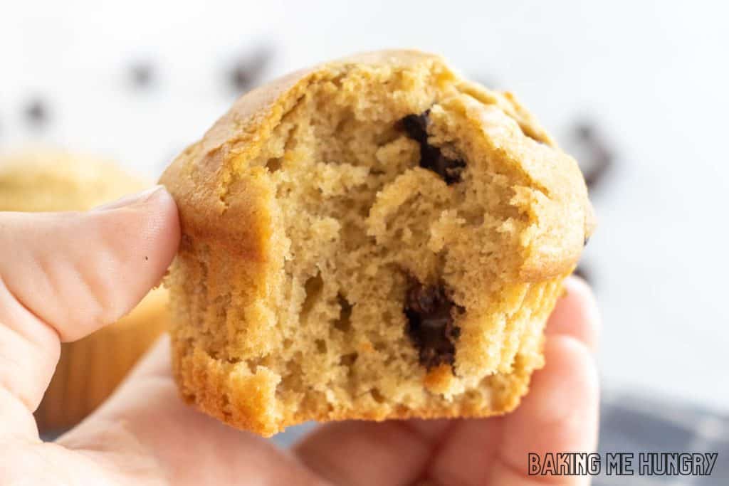hand holding one of the peanut butter chocolate chip muffins with a bite missing