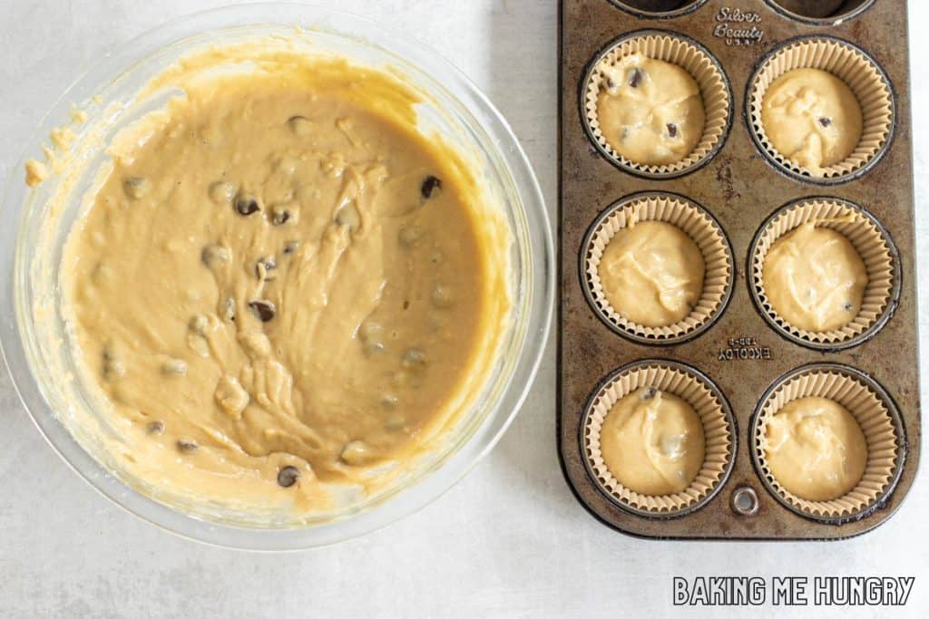 batter in bowl and muffin tin