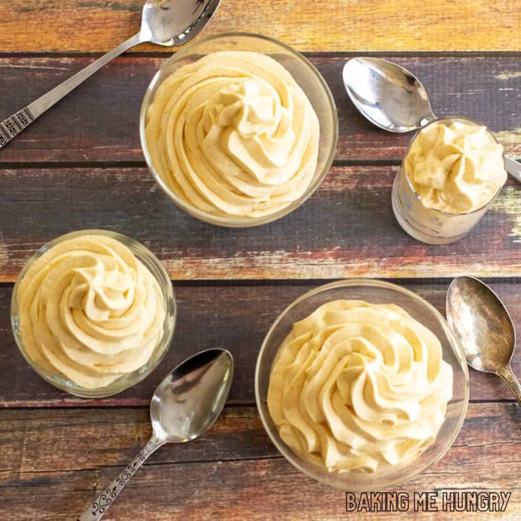 overhead shot of bowls with pumpkin mousse