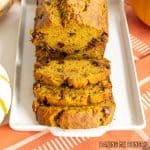 chocolate chip pumpkin banana bread close up on platter