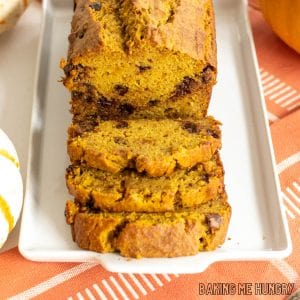 chocolate chip pumpkin banana bread close up on platter