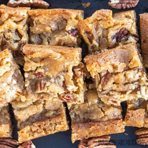 maple pecan blondies close up from overhead