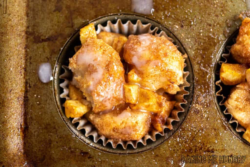 close up of baked mini monkey bread in tin