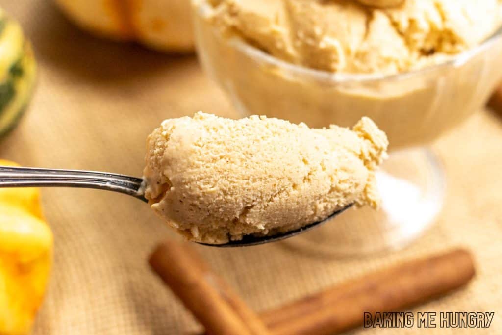 bite of pumpkin ice cream on a spoon