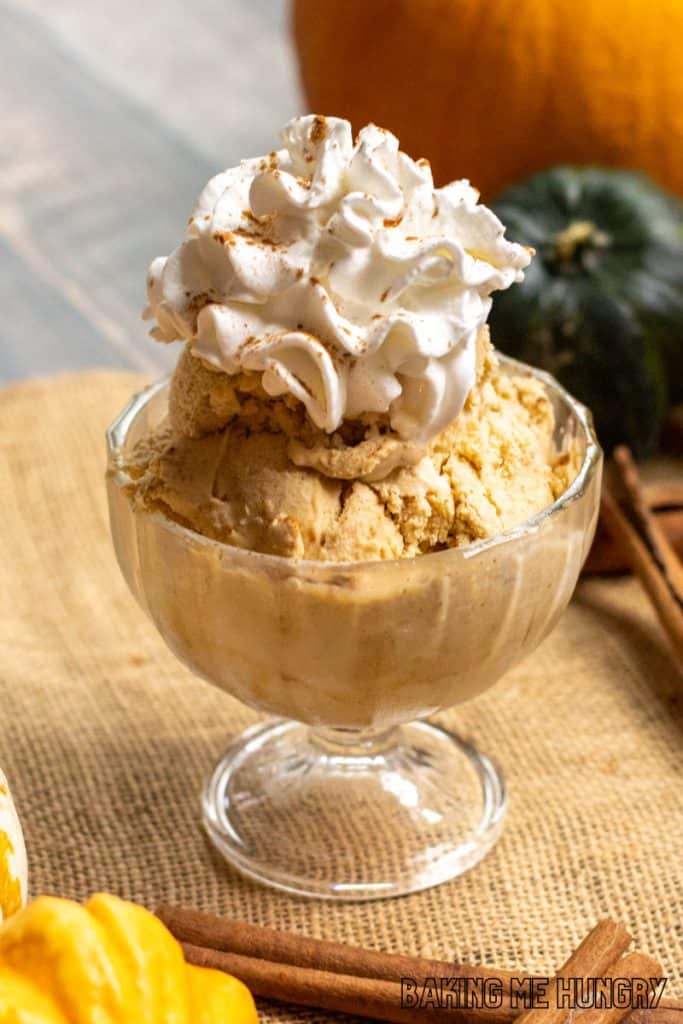 vertical shot of pumpkin spice ice cream topped with whipped cream and cinnamon in pedestal bowl