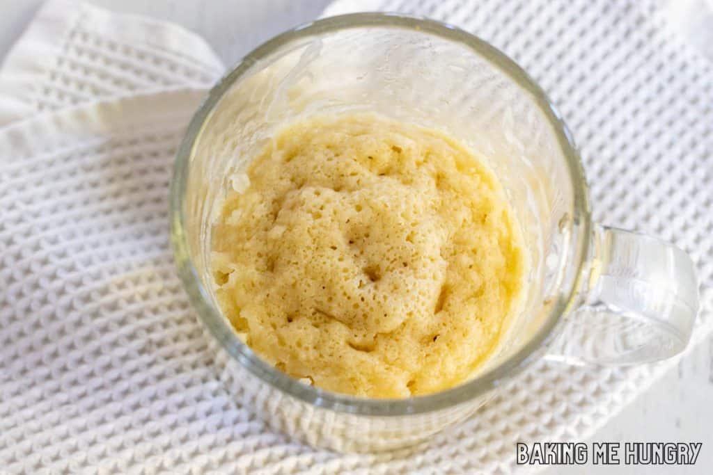 overhead shot of cooked cake in mug